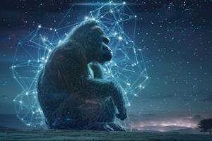 A gorilla sitting on a hill with a network of lines photo