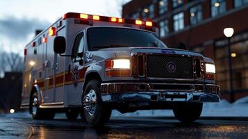 A white ambulance with red and yellow stripes on the side photo