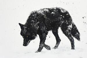 A painting of a black wolf walking in the snow photo