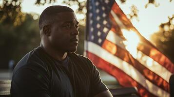 A man sitting on a bench with an american flag in the background photo