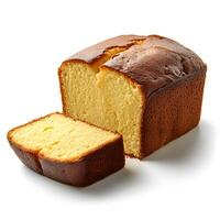 Golden pound cake with slice isolated on white background delight photo