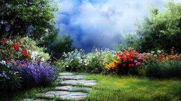 A painting of a garden with flowers and a stone path photo