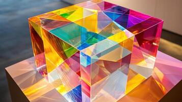 This striking transparent block features an array of colors, casting beautiful reflections and illuminating the surrounding space in a modern art gallery during daylight photo
