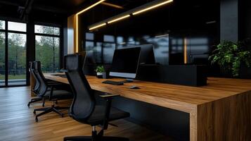 A modern office with two computer desks and two black chairs photo