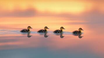 Four ducks swimming in the water at sunset photo