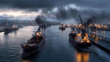 Two ships in the water with smoke coming out of them photo
