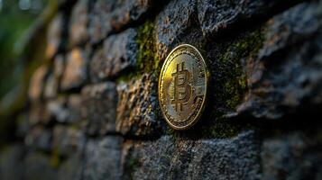 Bitcoin on a stone wall photo
