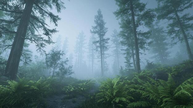 A forest scene with trees and ferns photo