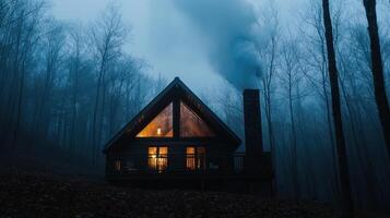 A cabin in the woods with smoke coming out of the chimney photo