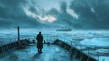 A man standing on the deck of a ship looking at an iceberg photo