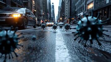 A car is driving down a street with a bunch of small black objects in the road photo
