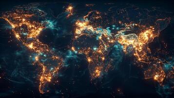 The world map is lit up with lights photo