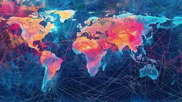 World map with colorful lines and connections photo
