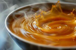 A bowl of soup with a swirl of yellow liquid in the middle photo