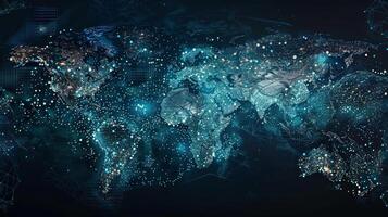 The world map is shown in blue and black photo