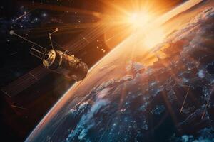 Satellite in orbit over the earth with sun rising in the background photo