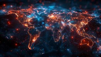 The world map is shown in red and blue photo