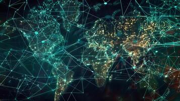 The world map is shown with a network of lines photo