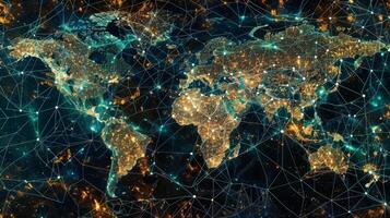 The world map is shown in a dark background photo