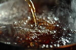 A close up of a pot of liquid being poured into a bowl photo