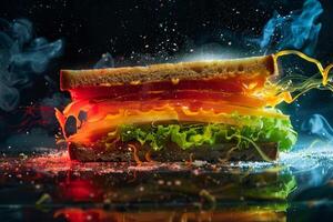 A sandwich with a lot of toppings and a lot of smoke coming out of it photo