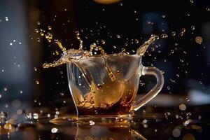 A cup of coffee is splashing water all over the table photo