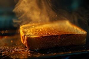 A piece of toast is toasted and has a lot of smoke coming off of it photo