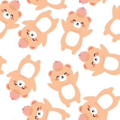 Seamless pattern cute cartoon bear with strawberry cake over head bear . cute animal pattern for wallpaper, background and gift wrap paper