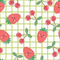 Seamless pattern with cute cartoon strawberries and cherry, for fabric prints, textiles, colorful gift wrapping paper for children, flat style vector