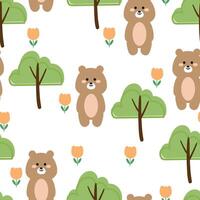 Seamless pattern with cute cartoon brown bears and tree, for fabric prints, textiles, gift wrapping paper. children's flat and colorful style vector