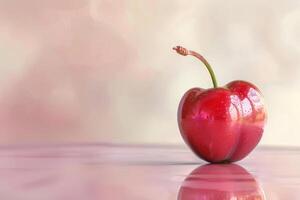 A single cherry on a table with a pink background photo