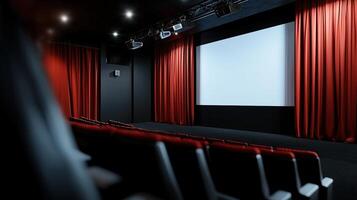 An empty theater with red curtains and a screen photo