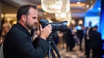A man is taking a picture of a room with a chandelier photo