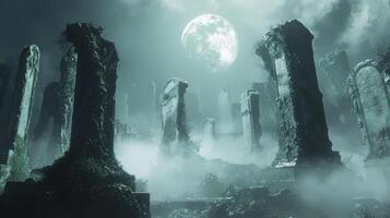 Ancient tombstones rise from the mist in a haunting graveyard. A full moon illuminates the scene, creating an eerie atmosphere filled with shadows and mystery photo