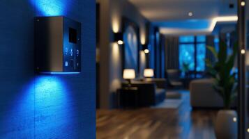 A blue light is shining on a wall in a room photo