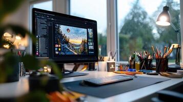 A computer monitor on a desk with a lamp and a plant photo