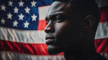 A man in front of an american flag photo