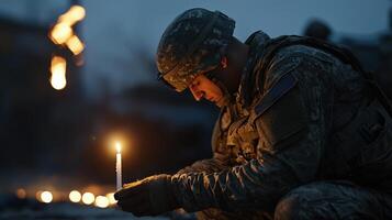 A soldier is kneeling down and holding a candle photo