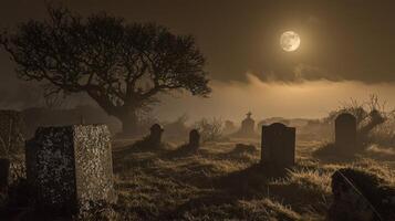 A graveyard with tombstones and a full moon photo