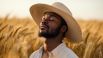 A man stands amidst a wheat field at sunset, wearing a straw hat. He closes his eyes, taking in the tranquility and beauty of the moment, surrounded by swaying golden stalks photo