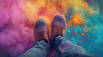 A person standing on a colorful ground with their shoes covered in colored powder photo