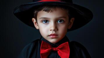 A young boy wearing a black hat and a red bow tie photo