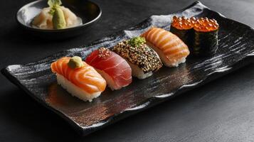 A black plate with sushi and other food photo