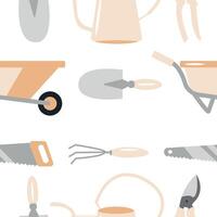 seamless pattern with various garden tools and watering can in yellow on white background, for packaging or textile vector