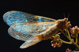 A large insect with wings spread out on a flower photo
