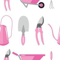 seamless pattern with various garden tools namely different spades, rakes and scissors in pink color on white background, for packaging or textile vector