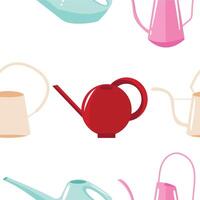 seamless pattern with watering cans of various shapes and colors on a white background, for packaging or textile vector