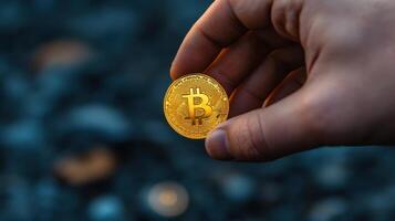 A person holding a gold bitcoin in their hand photo