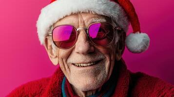 A man wearing a red jacket and a Santa hat with sunglasses on his face photo