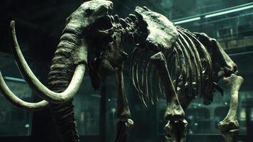A mammoth skeleton is displayed in a museum photo